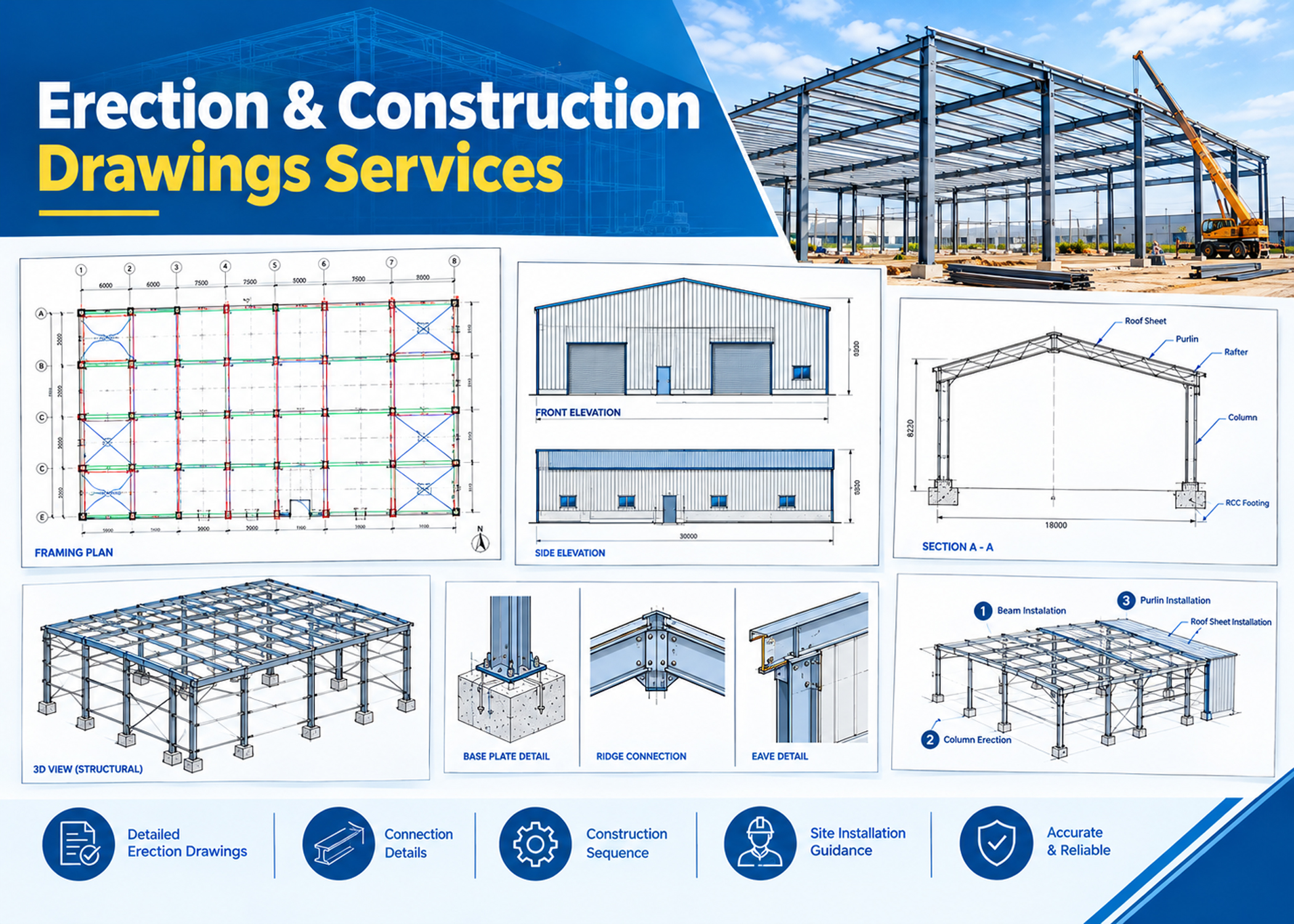 Erection and construction drawings for pre-engineered metal buildings